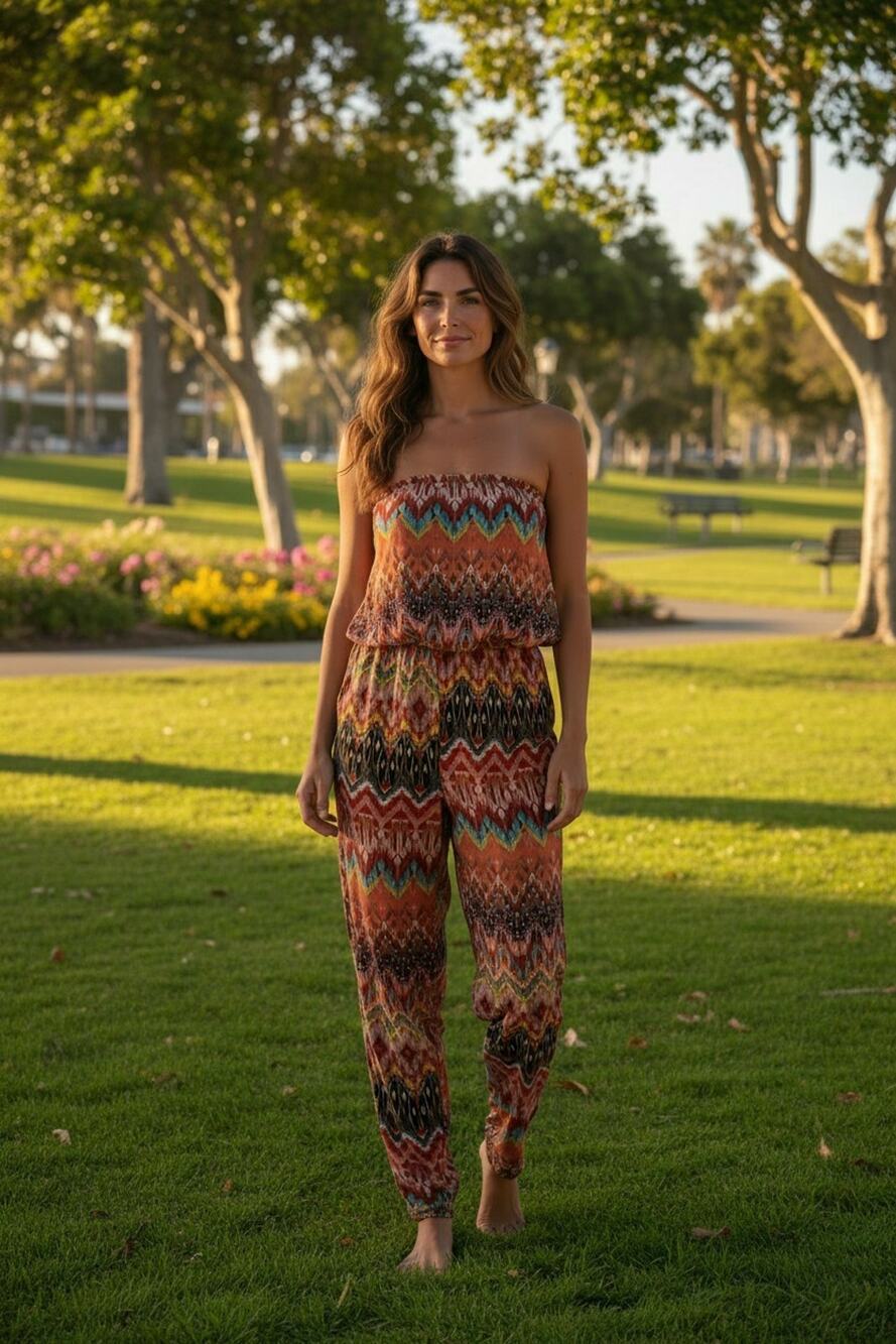 Rue 21 Multicolor Strapless Abstract Pattern Jumpsuit with Pockets Large #A100PJ
